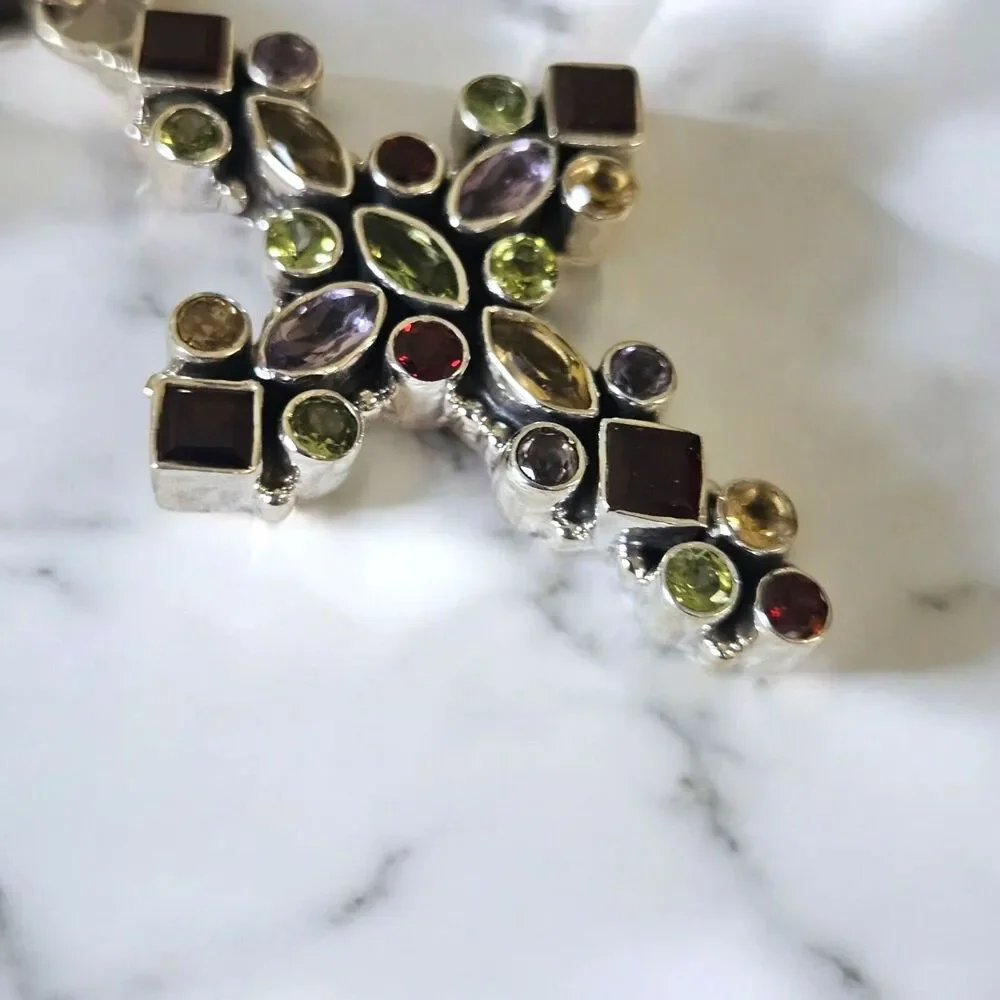925 Sterling Jeweled Cross Pendant Multicolored 2 inch